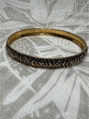 Gold Tone Etched Floral Geometric Bangle Bracelet Boho